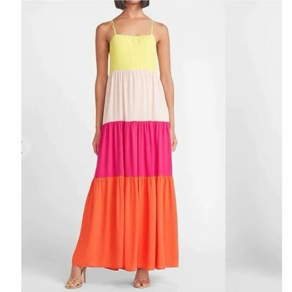 NWT Express Women Colorblock Pink Orange Strappy Beach Resort Maxi Dress M
